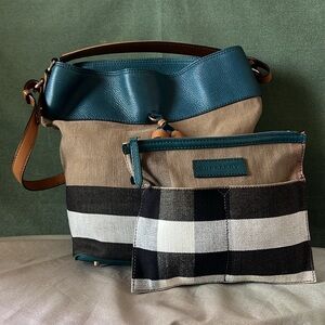 Burberry Grainy Calfskin Canvas Mega Check Ashby Tassel Hobo Bucket Bag Teal